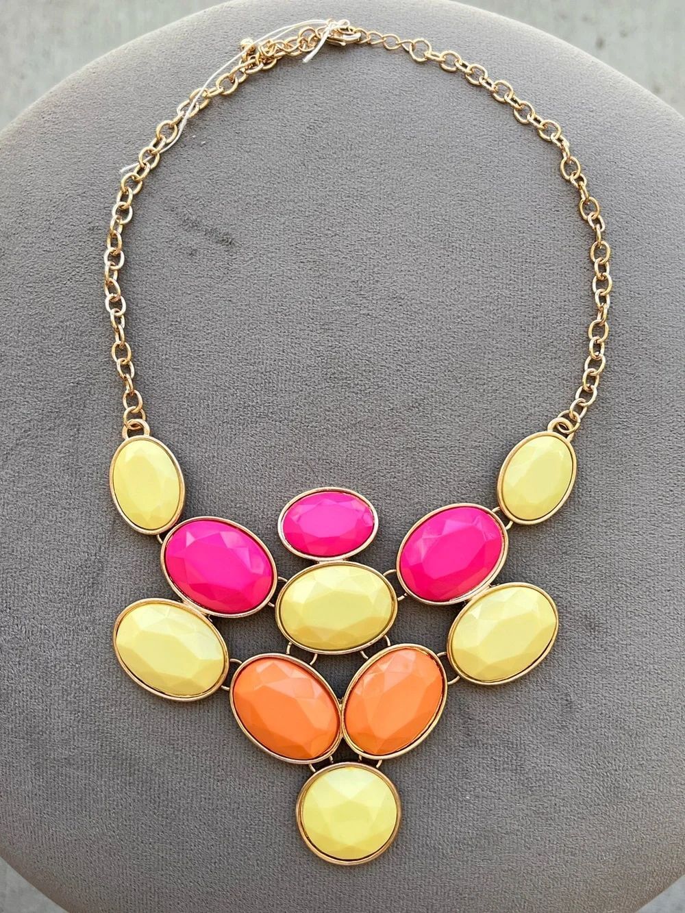 Gold Chain Pink, Yellow & Orange Color Block Statement Necklace